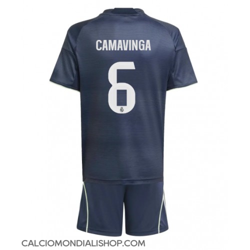 Maglie da calcio Real Madrid Eduardo Camavinga #6 Seconda Maglia Bambino 2025-26 Manica Corta (+ Pantaloni corti)